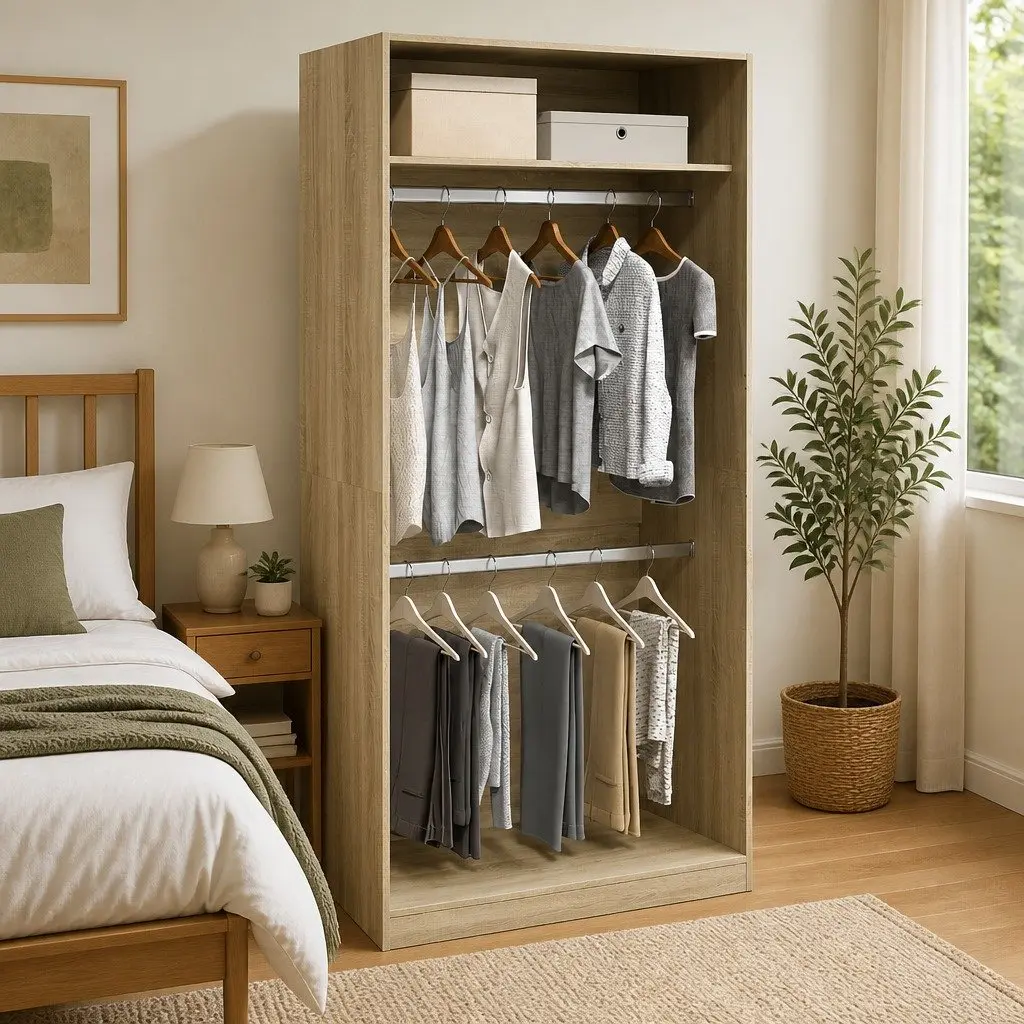 Wardrobe Compact Minimalist 100x50x200cm Brown Engineered Wood 2 Compartments Storage Armoire