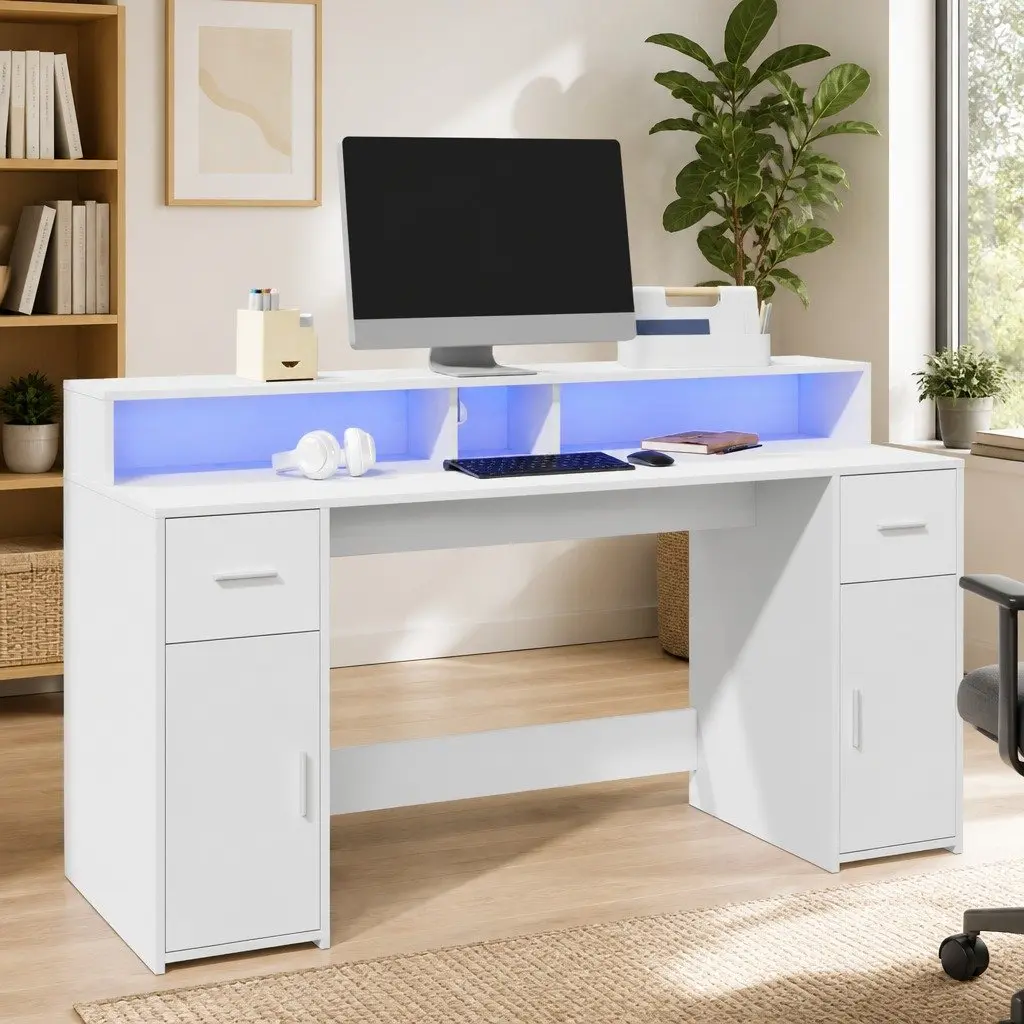 Office Desk with RGB LED Lights Storage Drawers Engineered Wood White 160L x 55W x 91H cm