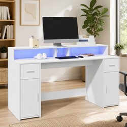 White Engineered Wood Office Desk with RGB LED Lighting