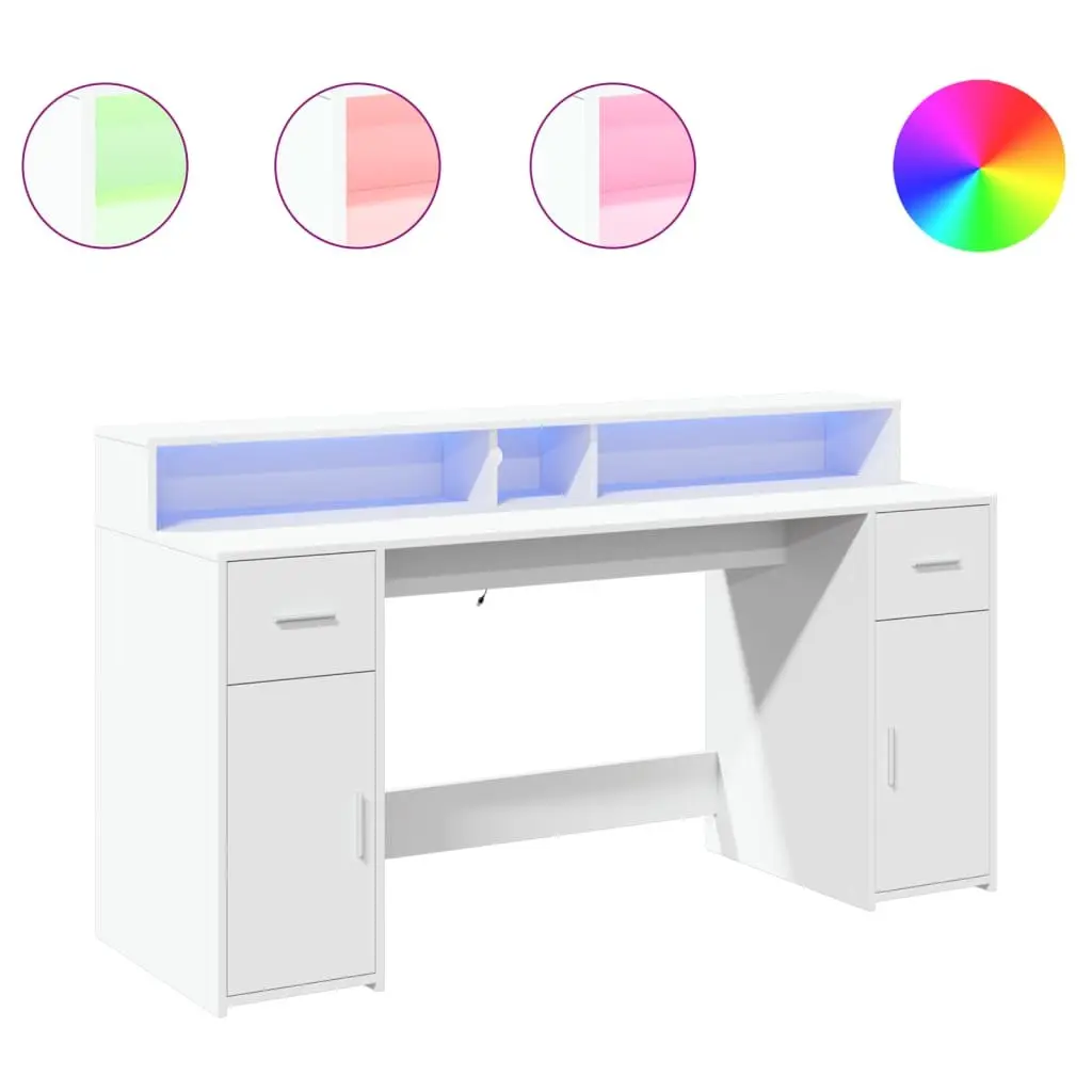 Office Desk with RGB LED Lights Storage Drawers Engineered Wood White 160L x 55W x 91H cm