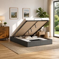 Double Grey Fabric Ottoman Bed Frame with Storage