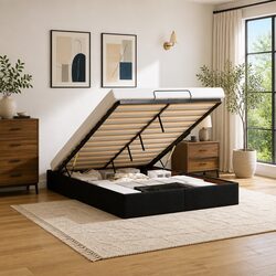 Black Ottoman Bed Frame Double with Lift-Up Storage System