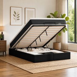 Black Faux Leather Ottoman Bed with Pocket Spring Mattress