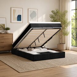 Black Fabric Queen Ottoman Bed with Pocket Spring Mattress