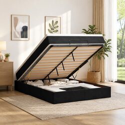 Ottoman Bed Frame with Pocket Spring Mattress in Black Velvet