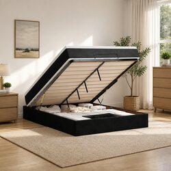 Black Velvet Ottoman Bed Queen with Pocket Spring Mattress