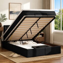 King Single Ottoman Bed in Black Faux Leather with Mattress