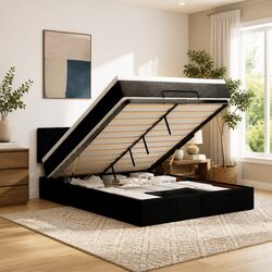 Black Fabric Ottoman Bed with Pocket Spring Mattress