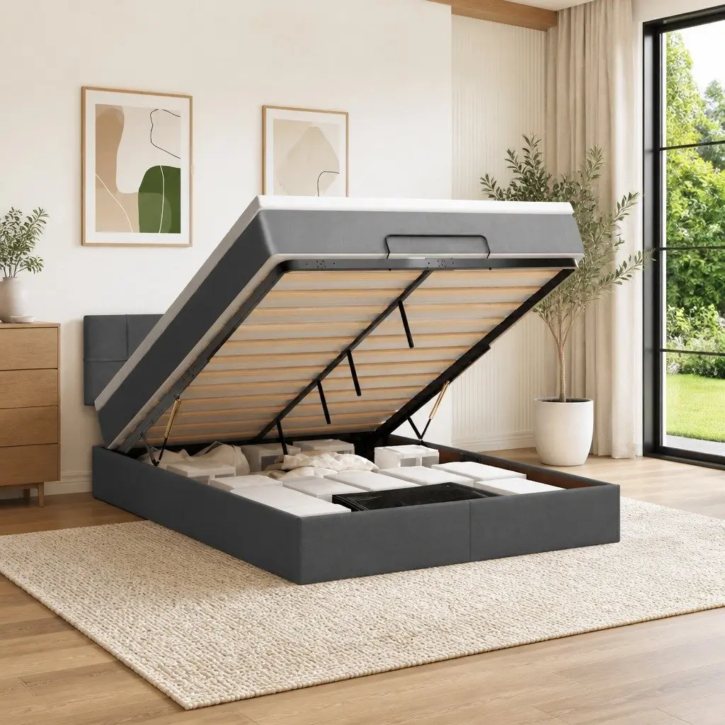 Ottoman Bed with Pocket Spring Mattress Storage Queen Size Grey Fabric