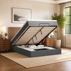 Grey Polyester Ottoman Bed with Hydraulic Storage and Mattress