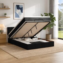 Black Fabric Ottoman Bed Frame with Pocket Spring Mattress