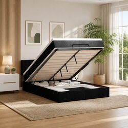 Queen Storage Ottoman Bed with Pocket Spring Mattress, Black
