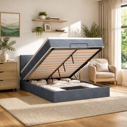Double Ottoman Bed in Grey Velvet with Pocket Spring Mattress