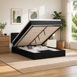 Queen Velvet Ottoman Bed Frame with Hydraulic Lift and Mattress