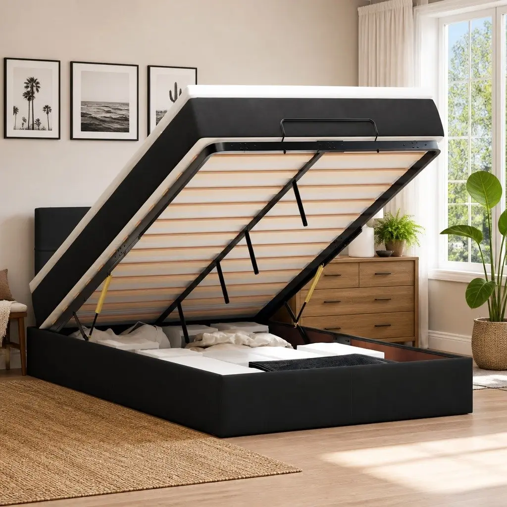 Ottoman Bed King Single Velvet Black with Mattress and Hydraulic Lift Storage
