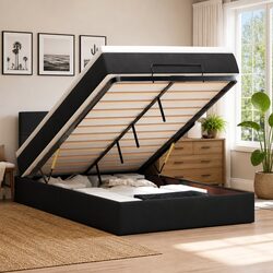 Black Velvet Ottoman Bed Frame with Mattress, King Single