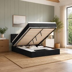 Ottoman Bed with Pocket Spring Mattress in Black Velvet