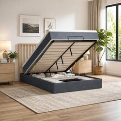 Grey Velvet Queen Ottoman Bed with Pocket Spring Mattress