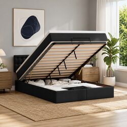 Ottoman Bed Frame Double Black Faux Leather with Mattresses