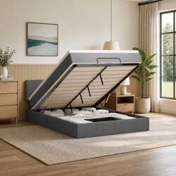 Grey Fabric Ottoman Bed with Pocket Spring Mattress Details