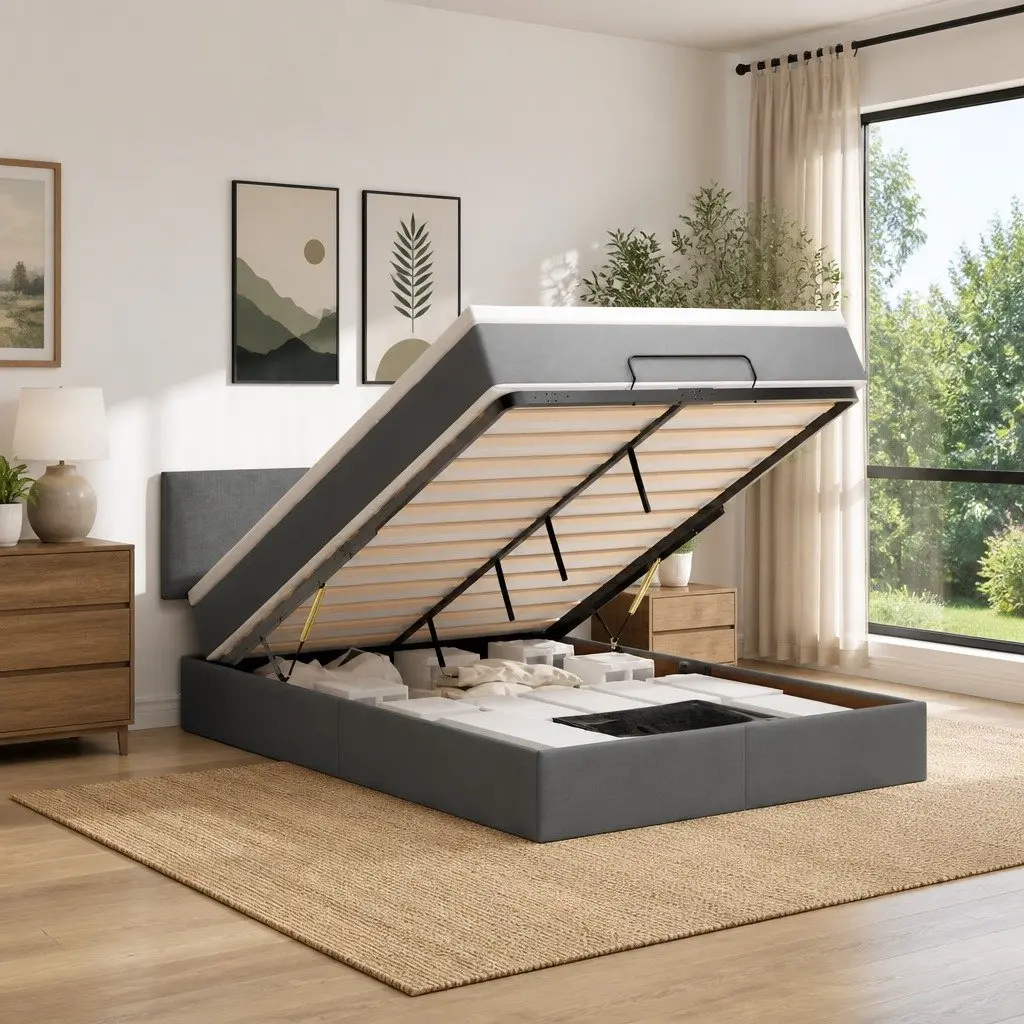 Ottoman Bed with Pocket Spring Mattress Hydraulic Lift Storage Queen Grey Fabric