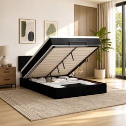 Black Fabric Ottoman Bed with Pocket Spring Mattress and LED