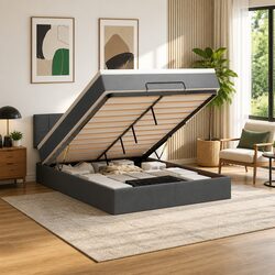 Ottoman Bed with Pocket Spring Mattress and Grey Fabric