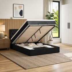 Queen Size Ottoman Bed with Hydraulic Lift and LED Lighting