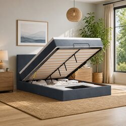 Grey Velvet Ottoman Bed with Pocket Spring Mattress