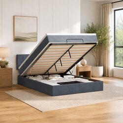 Double Ottoman Bed with Pocket Spring Mattress in Grey Velvet