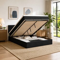 Velvet Ottoman Bed with Hydraulic Lift Storage and LED Lights