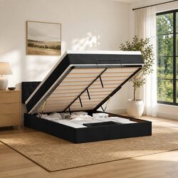 Black Velvet Ottoman Bed with Pocket Spring Mattress and LED Lighting