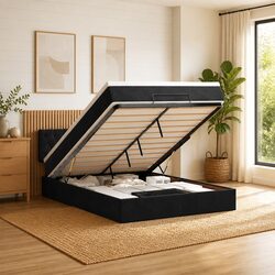 Queen Ottoman Bed with Pocket Spring Mattress and LED Lights
