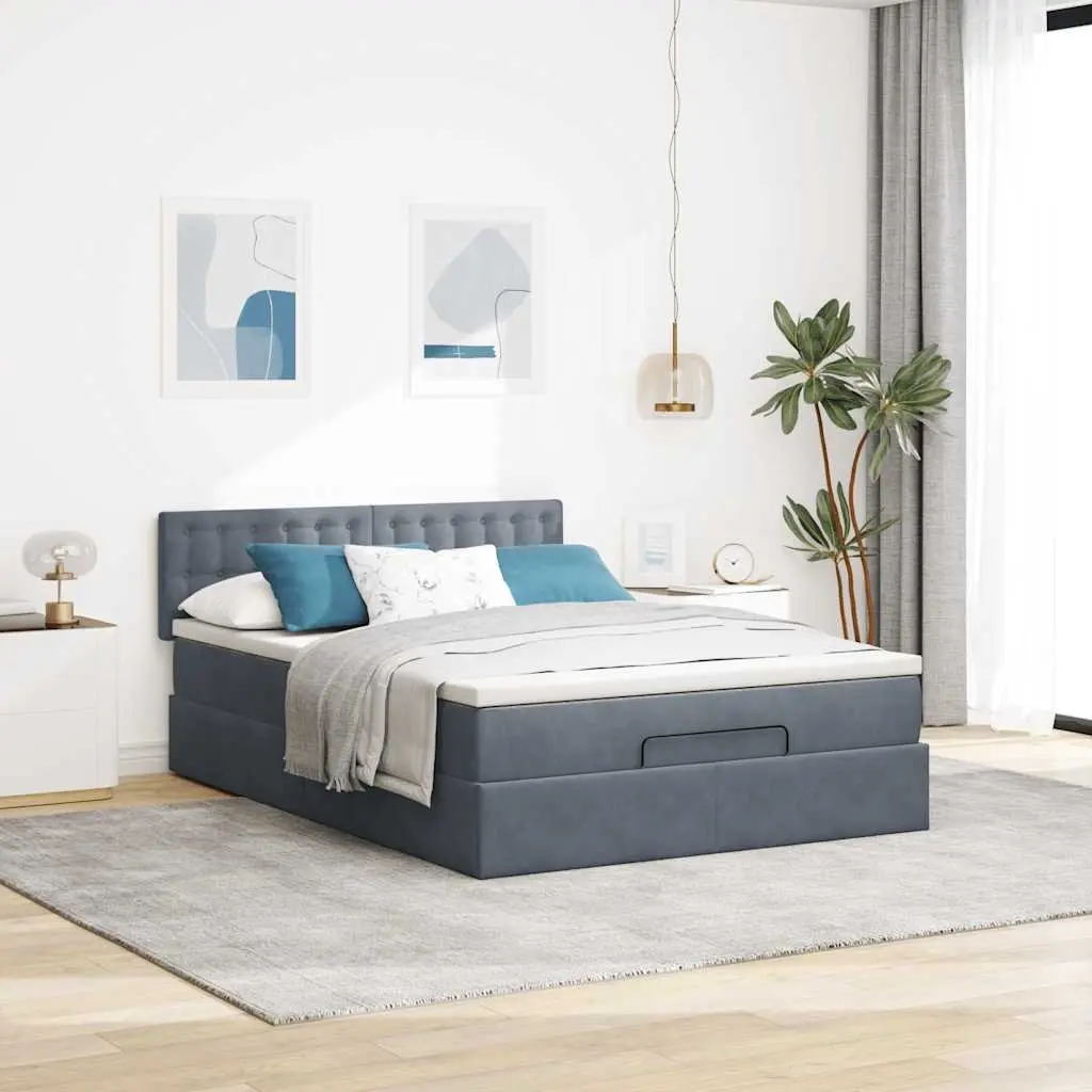 Ottoman Bed Double Storage Velvet Grey with Pocket Spring Mattress and LED Lights