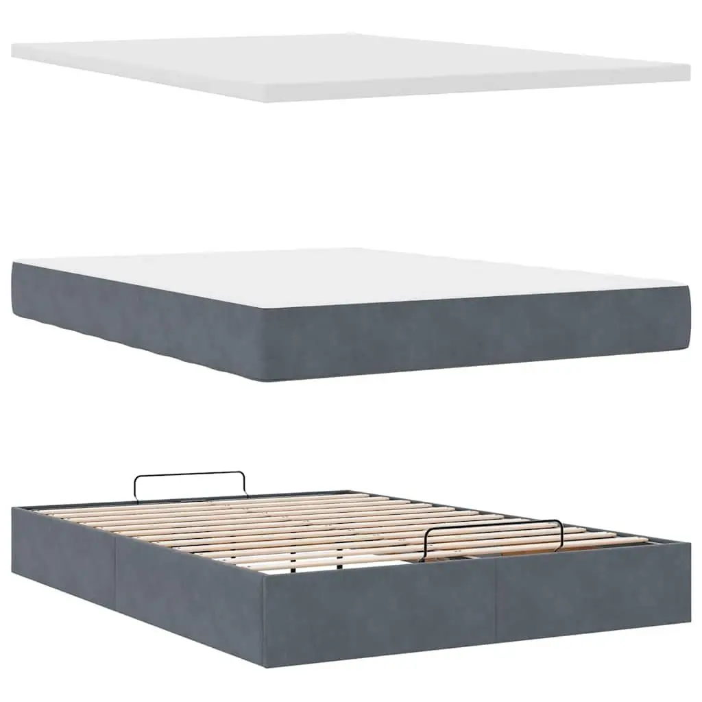 Ottoman Bed Double Storage Velvet Grey with Pocket Spring Mattress and LED Lights
