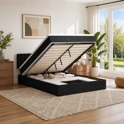 Black Ottoman Bed with Pocket Spring Mattress and Under-Bed Storage