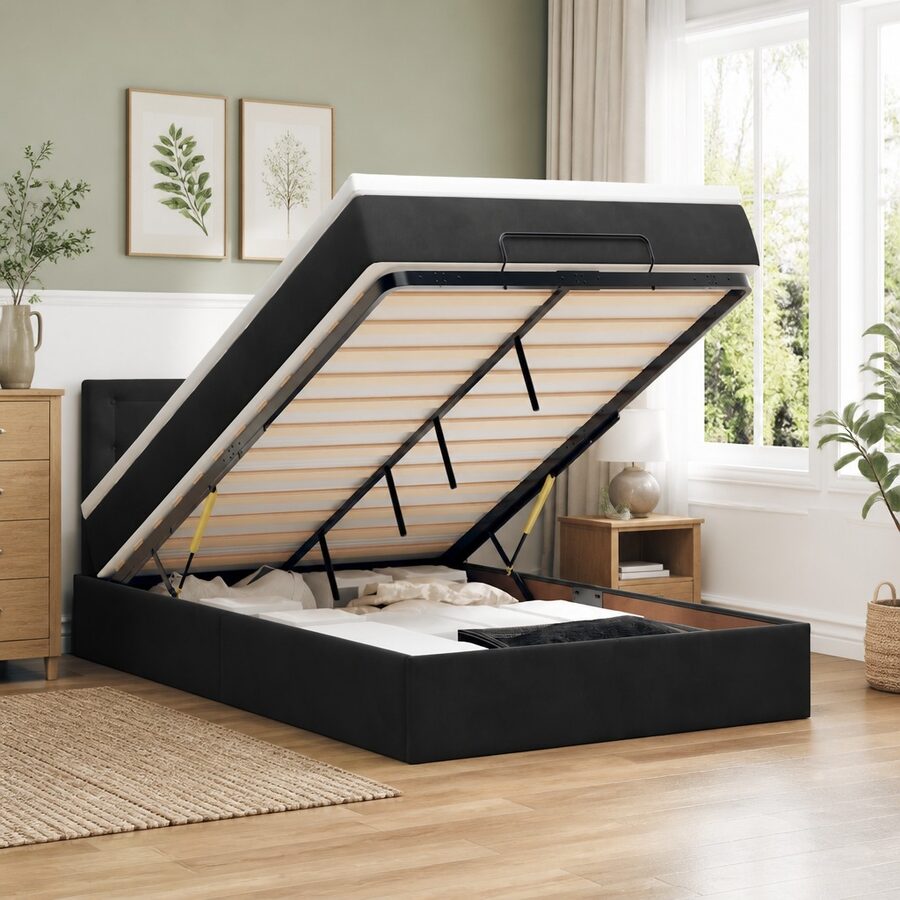 Ottoman Bed in Black Velvet with Pocket Spring Mattress and LED Lighting