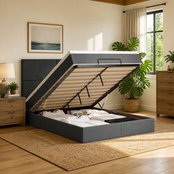 Double Ottoman Bed with Hydraulic Lift Storage in Grey Fabric
