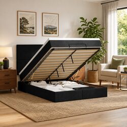 Black Fabric Ottoman Bed Queen with Lift Storage System