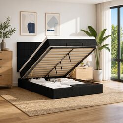 Black Fabric Ottoman Bed Queen with Pocket Spring Mattress