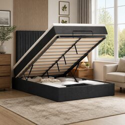 Black Fabric Ottoman Bed with Pocket Spring Mattress - King Single