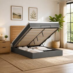 Grey Fabric Ottoman Bed with Hydraulic Storage and Mattress
