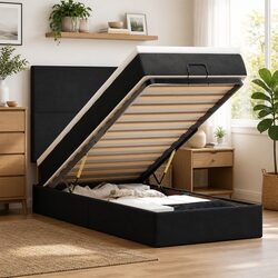 Double Ottoman Bed in Black Velvet with Storage Mechanism