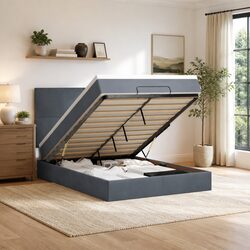 Grey Velvet Queen Ottoman Bed with Pocket Springs