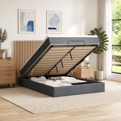 Double Ottoman Bed in Grey Velvet with Mattresses and Storage