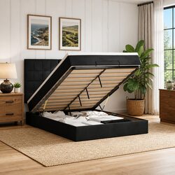 Hydraulic Lift Ottoman Bed Double in Black Velvet