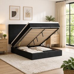 Queen Size Ottoman Bed in Black Velvet with Storage Lift