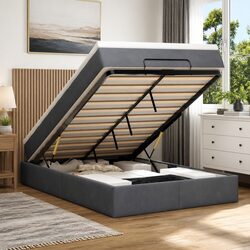 Grey Velvet Ottoman Bed with Lift-Up Storage and Mattresses