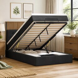 Black Velvet King Single Ottoman Bed with Hydraulic Lift