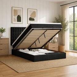 Queen Ottoman Bed with Pocket Spring Mattress in Black Velvet